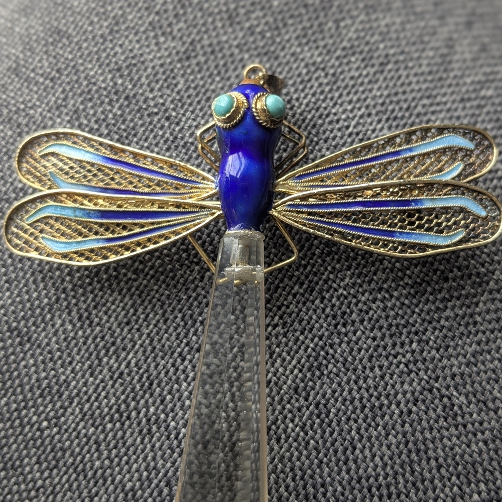 Large Vintage 925 Sterling Enamel Dragonfly Brooch Pendant Rare Statement Piece - Picture 2 of 4